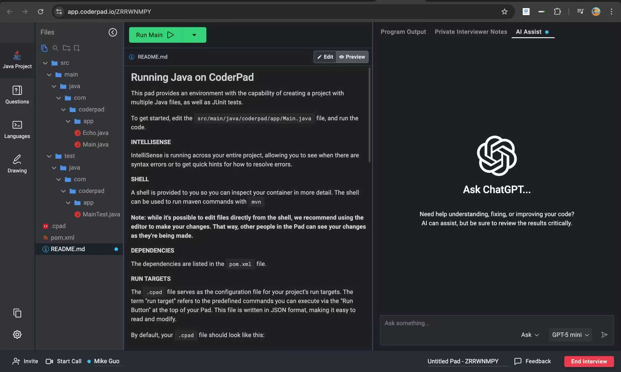 AI-enabled coding interview environment with code editor and AI chat panel
