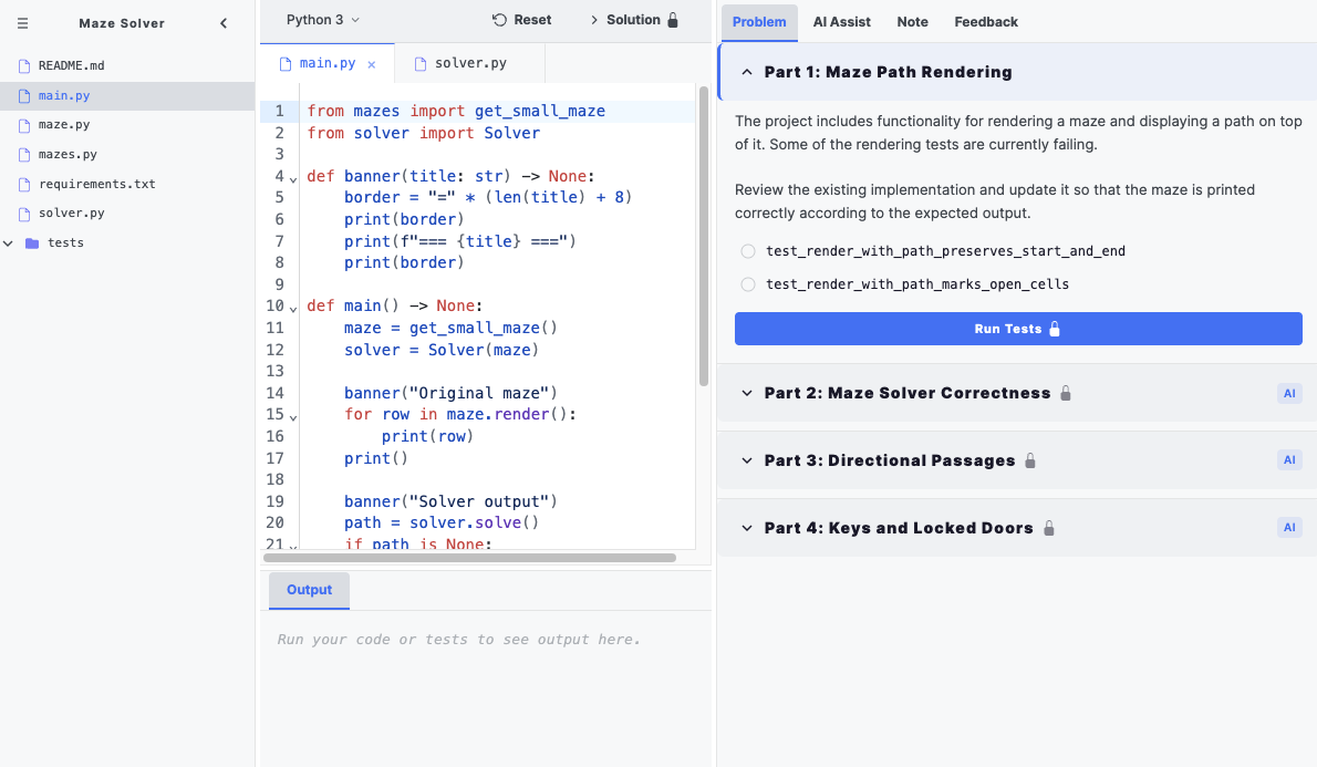 AI-enabled coding interview format showing progressive four-part problem structure with tests