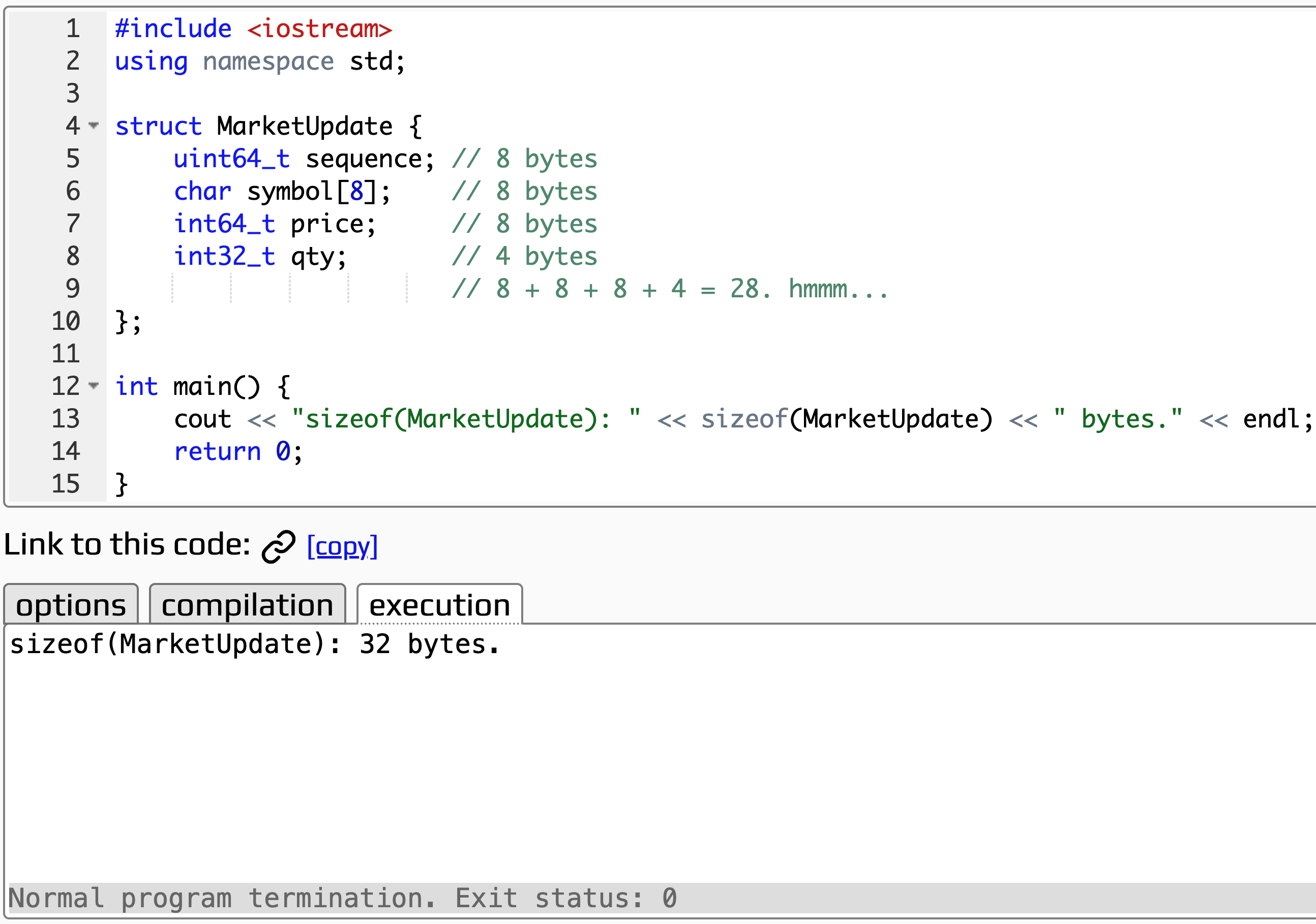 A C++ playground showing the MarketUpdate struct: uint64_t sequence (8 bytes), char symbol[8] (8 bytes), int64_t price (8 bytes), int32_t qty (4 bytes), and a main() that prints sizeof(MarketUpdate). The program output reads: sizeof(MarketUpdate): 32 bytes.